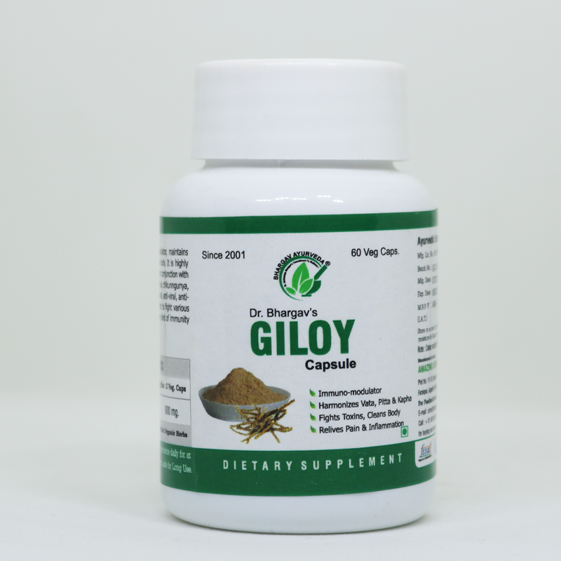 Dr.Bhargav’s I Giloy Capsule | Relieves Pain I Inflammation | Fights Toxin | Throat irritation I Cough | Harmonizes Vata I Pitta I Kapha | Immunity booster | Immune disorders | 60 Capsules