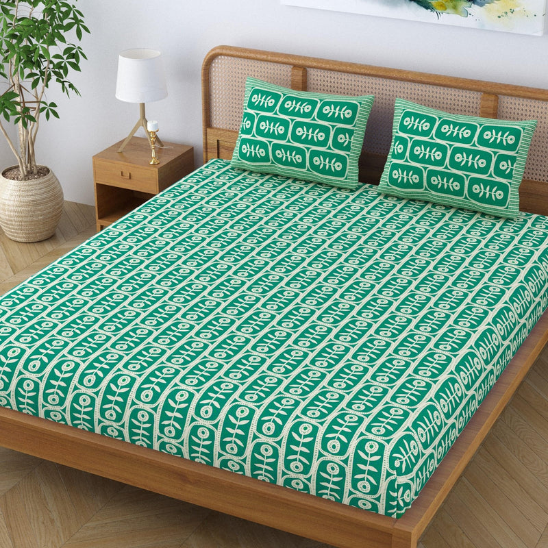 SheetKart Pure Cotton Floral Motif Printed Elegant Jaipuri Bedsheet for Double Bed King Size with 2 Pillow Covers - Jade Green