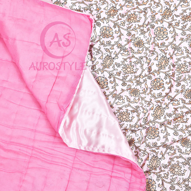 AUROSTYLE 400 TC Jaipuri Razai Rajasthani Traditional Silk Fabric Filling Pure Cotton lightweight Rajai Quilt Bedding Jaipuri Quilt Throw Blanket (Pink Floral, Double Bed 85 X 100, Pack of 1)