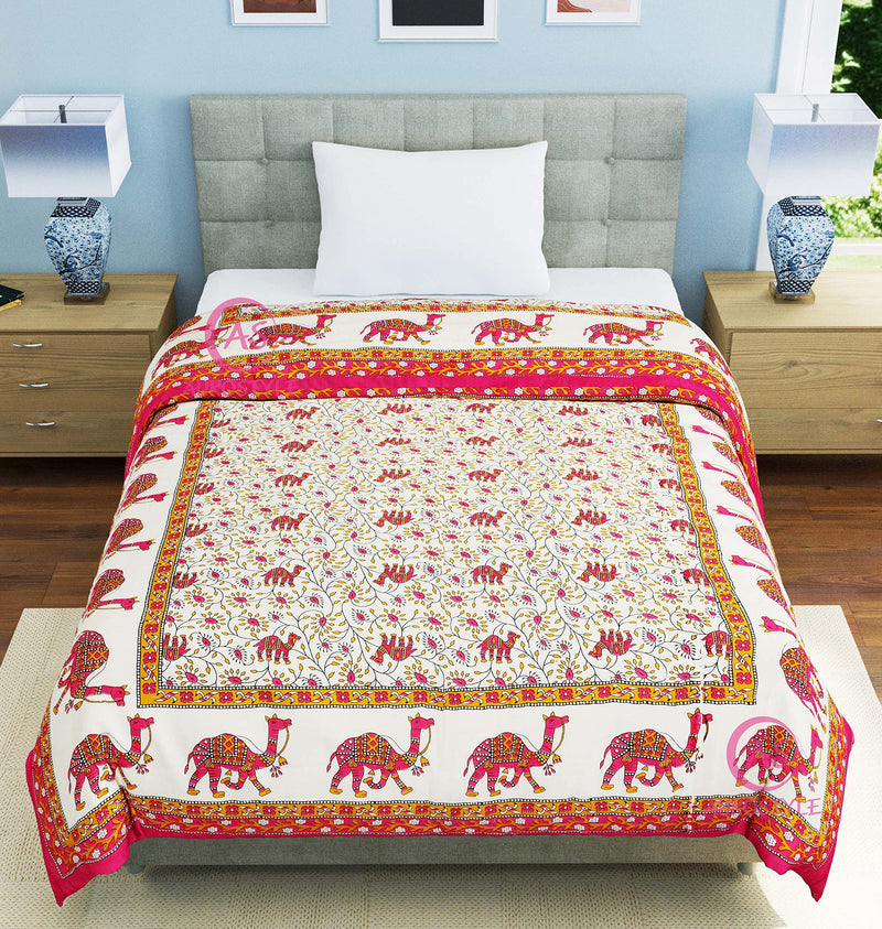 WORLDNEX 400 TC Pure Cotton Traditional Jaipuri Design Printed Light Weight Single Bed Quilt/Razai/Rajai - 85 x 55 Inches (Design 1)