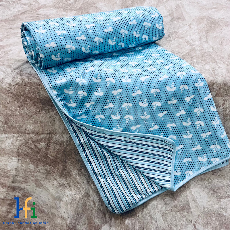 Harsh Foundation India (HFI Single Bed 100% Organic Cambric Cotton Reversible Dohar/Topsheet for Summer/AC Room, Gentle & Lightweight (SkyBlue, Striped Abstract Print) Handcrafted Premium Dohar