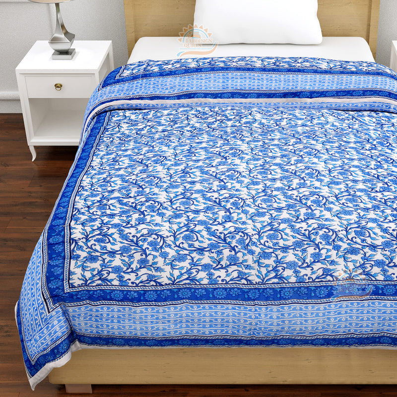 FABDESIGN QUILTS Jaal Block Print Quilt | Single Bed Cotton Traditional Floral Printed Razai | Lightweight Bedding Quilts | Winter Heavy Quilt Blanket(55X85inch) (Blue)