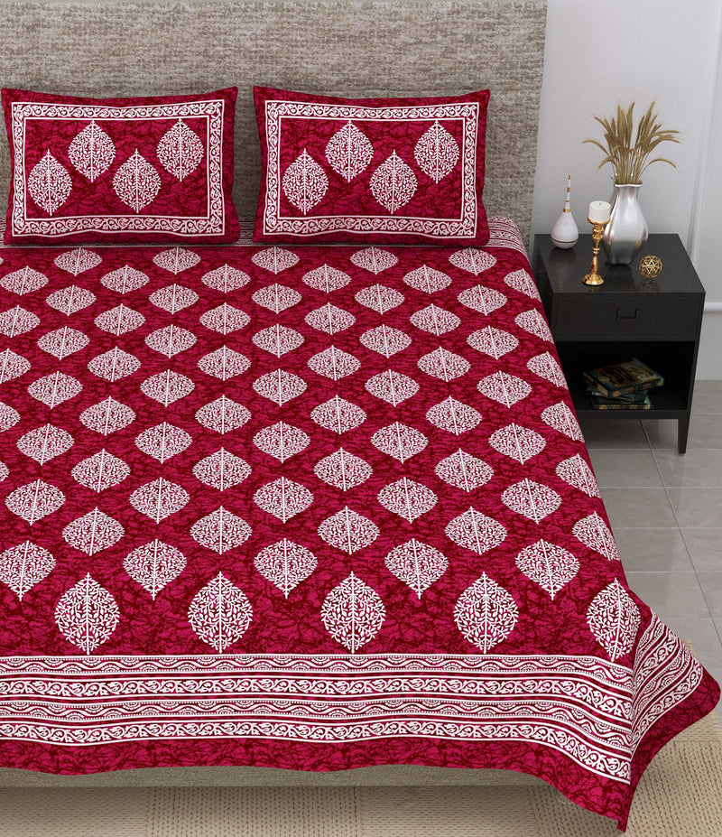 SheetKart Motif Printed 144 TC Cotton Double Bedsheet with 2 Pillow Covers - Burgundy