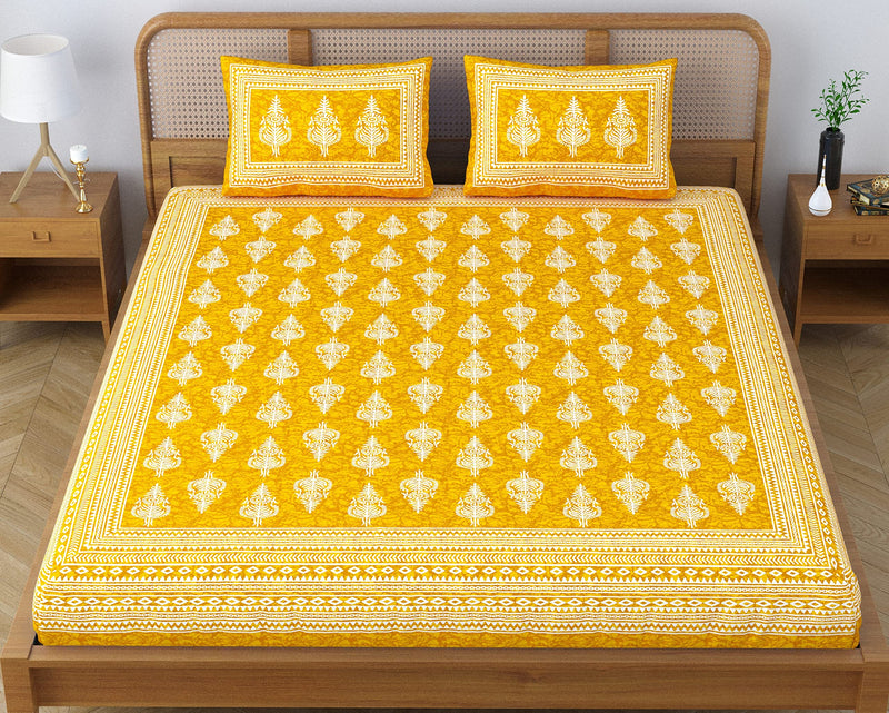 SheetKart Motif Floral 144 TC 100% Cotton Double Bedsheet Jaipuri Printed Bed Cover with 2 Pillow Covers - Summer Yellow