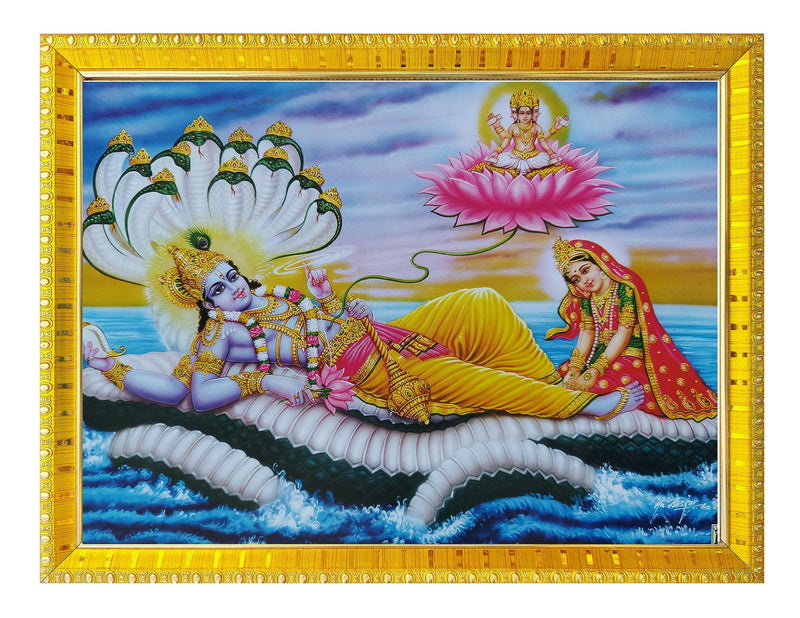 Koshtak Vishnu Laxmi/Lakshmi Ji On Sheshnag With Brahma Ji On Lotus photo frame with Laminated Poster for puja room temple Worship/wall hanging/gift/home decor (30 x 23 cm)……