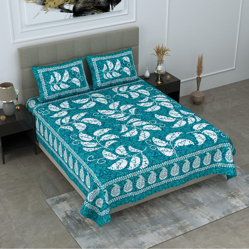 SheetKart 144 TC Cotton Jaipuri Floral Printed Double Bedsheet with 2 Pillow Covers, Sea Green