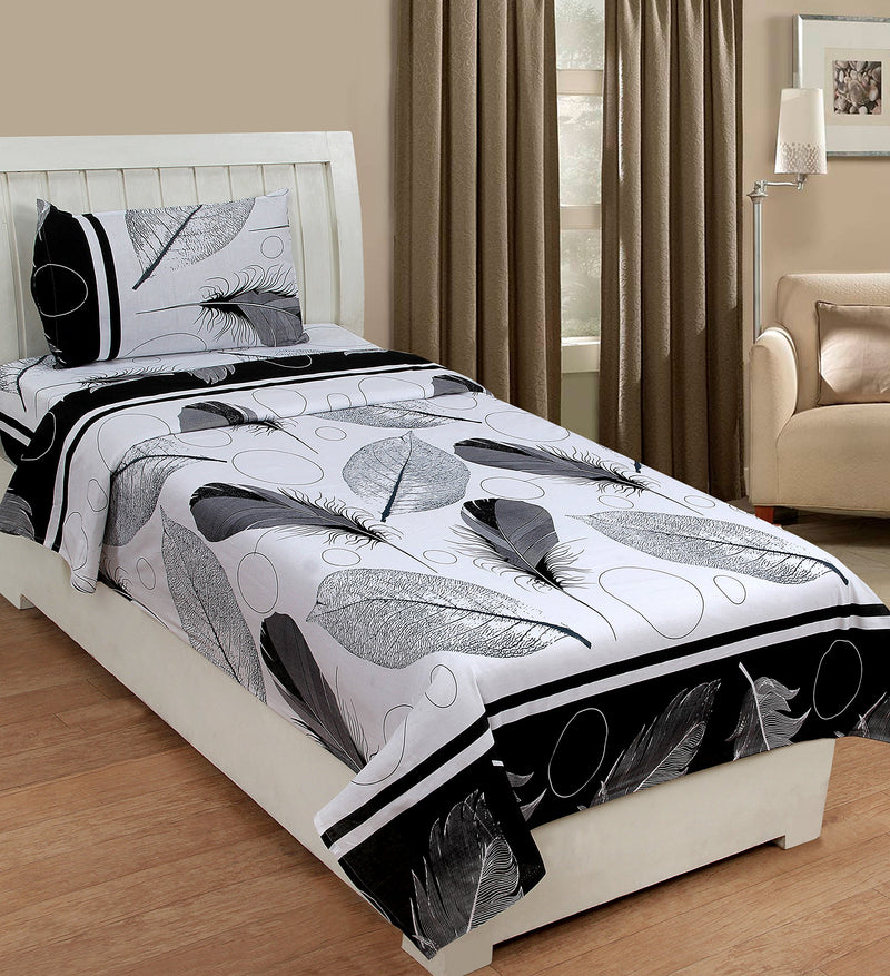 KIHOME Microfibre Cotton 144 TC Bedsheet (Single_White Black)