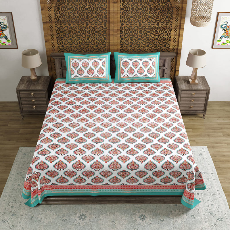 BLOCKS OF INDIA Hand Block Printed 200 TC Cotton King Size Bedsheet (Turquoise Motifs)