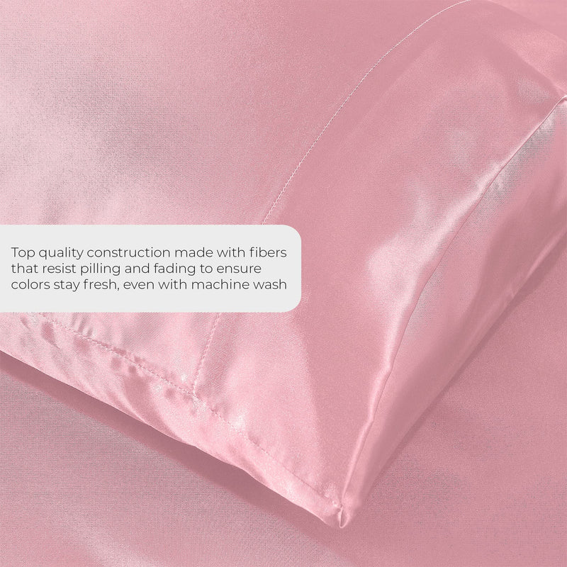 Fresh Linen Ultra Soft Silky Satin Bed Sheet Set with Pillowcase, Full, Pink