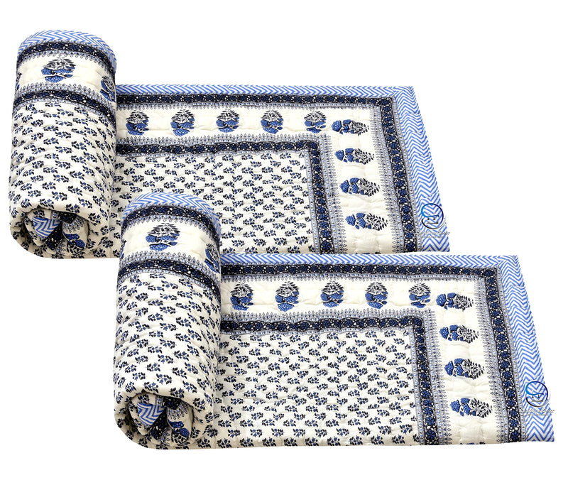 LushHavenDecor Rajasthani Light Weight Single Bed Soft Jaipuri AC Quilt/Razai Designer Cotton Quilts Blankets for Home (Size 55X85 inch) Single Bed Quilt/Razai/Rajai-Set of 2 (Blue and White)