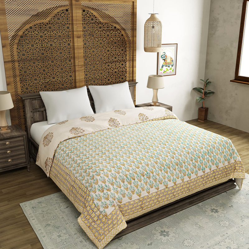 BLOCKS OF INDIA Hand Block Printed Cotton King Size Quilt/Rajai (90 Inch X 108 Inch, Brown Buta), Skin Friendly, 300 TC