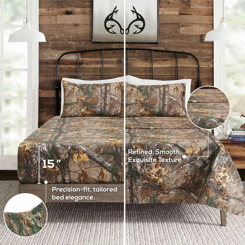 Realtree Xtra Camo Bedding Queen Sheet Set Polycotton Fabric, Super Soft, Easy Care Percale Weave 4 Pcs Sheet Sets for Bedroom, Hunting & Outdoor Camoflauge Bedding - Queen