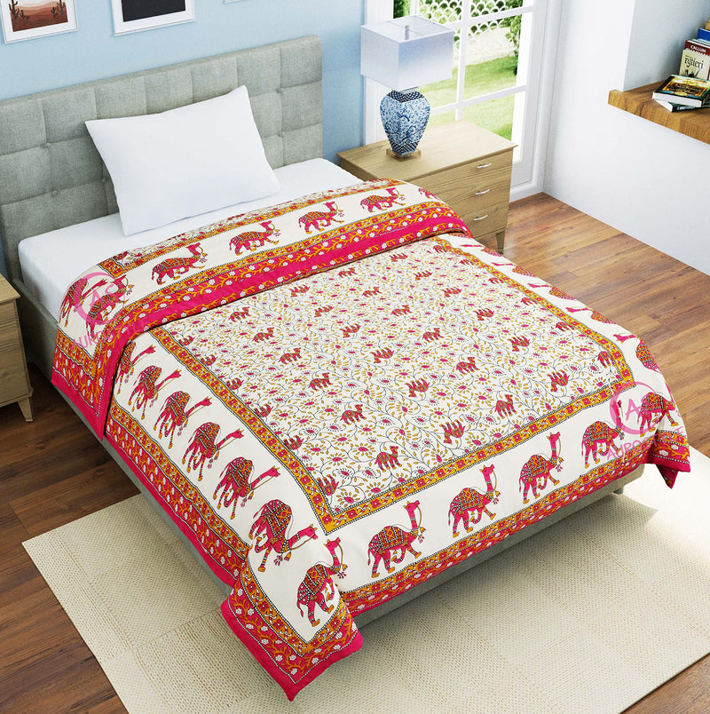 WORLDNEX 400 TC Pure Cotton Traditional Jaipuri Design Printed Light Weight Single Bed Quilt/Razai/Rajai - 85 x 55 Inches (Design 1)