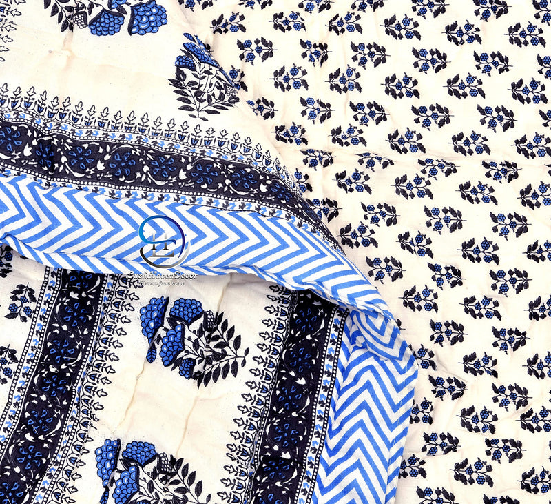 LushHavenDecor Traditional Rajasthani Jaipuri Sanganeri Block Printed Handmade Cotton Printed/Razai/Quilt, Single Bed (Blue and White)