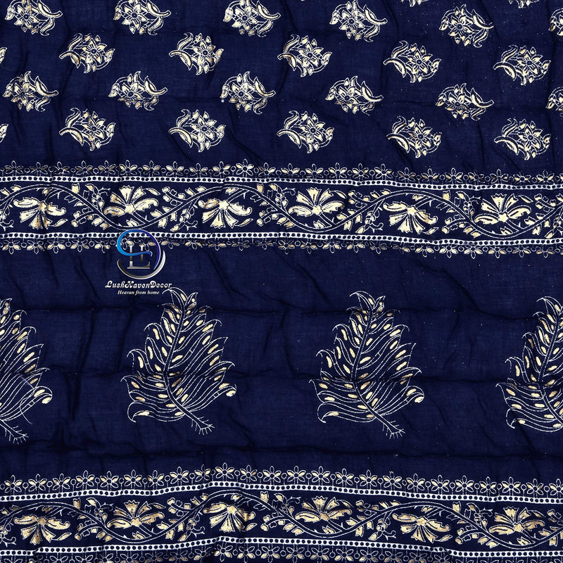 AUROSTYLE 400 TC Pure Organic Cotton Super Super Soft Jaipuri AC Quilt/Razai/Rajai Floral Print, Butti Design Printed Jaipuri Razai for Winter(Blue with Daie Gold Print, Double Bed)