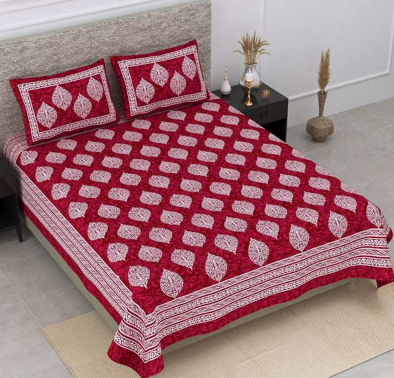 SheetKart Motif Printed 144 TC Cotton Double Bedsheet with 2 Pillow Covers - Burgundy