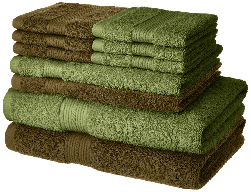 Amazon Brand - Solimo 100% Cotton 10 Piece Towel Set, 500 GSM (Sepia Brown and Olive Green)