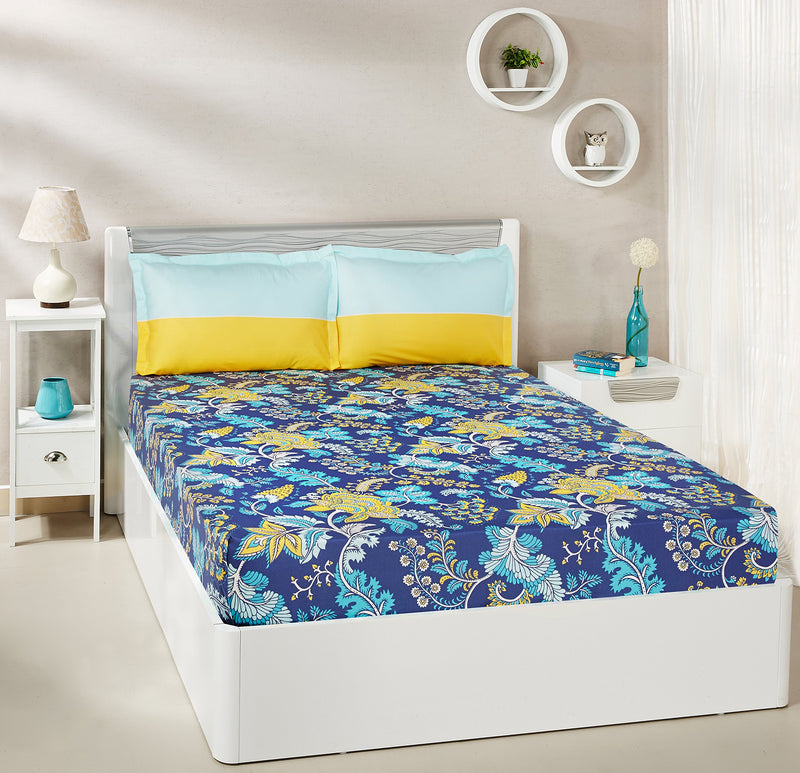 Amazon Brand - Solimo Floral Foliage 144 TC 100% Cotton Double Bedsheet with 2 Pillow Covers, Navy Blue