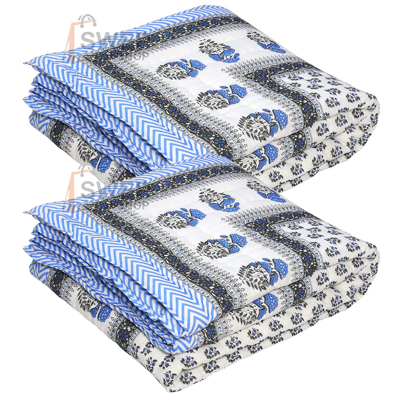 Namaste India Light Weight Reversible Both Side use Single Bed Soft Jaipuri AC Quilt/Razai Designer Blue booti Cotton Quilts Blankets for Home (Size 55X85 inch) - Set of 2 razai