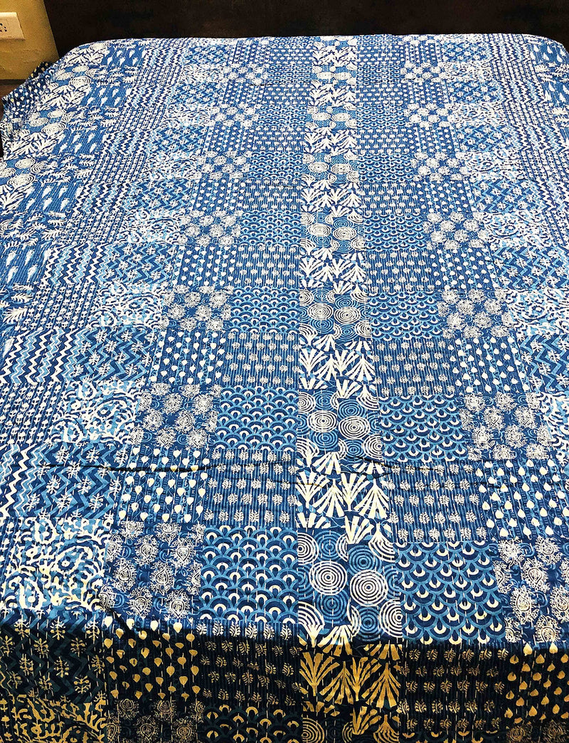 Handcrafted Quilt Dohar 100% Pure Cotton Kantha Work for Home Decor Double Bed (90" x108'' Inch) Indigo Print Blanket Pack of 1