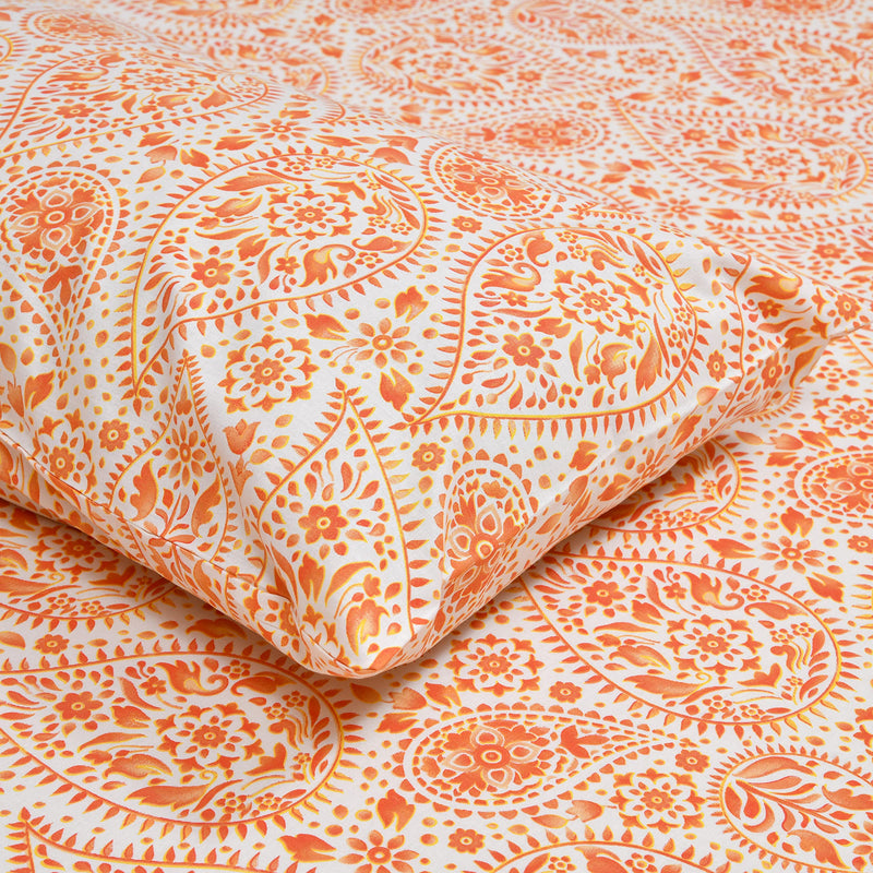 LINENWALAS 100% Cotton Twill Weave All-Around Elastic Fitted Bedsheet with 2 Pillow Covers for Double Size Bed - 200 TC, Soft Durable & Economical Printed Sheets (72x72 Inch, Paisley Drop Orange)