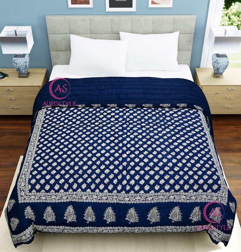 THROWS HOME DECOR 400 TC Double Bed Organic Cotton Jaipuri Razai Bed Blanket Ac Quilt for Winter and Summer Soft Light Weight Rajasthani Traditional Rajai 85 x 100 inch Blue, Pack of 1