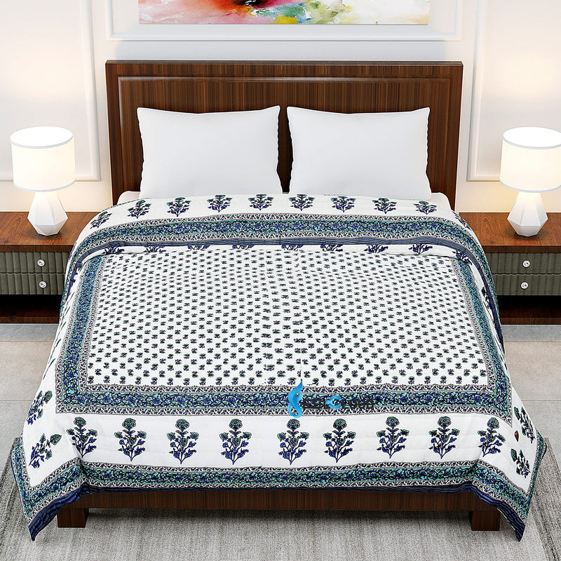 Woodsy Jaipuri Razai Handmade Blue Floral Printed Light Weight Pure Cotton Single Bed Reversible Both Side Kantha Quilt Throw | Super Soft | Bedroom Decor | Blanket Twin Size (60 X 90 INCHES)