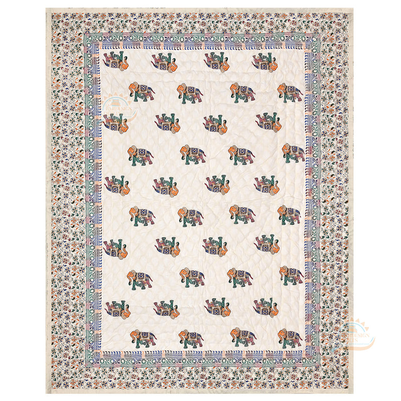 FABDESIGN QUILTS 400 TC Pure Cotton Traditional Rajasthani Hand Block Animals Printed Jaipuri Razzai/Quilt/Razai/Rajai [Light Weight, Multicolor (Cotton, Elephant Set of 2)