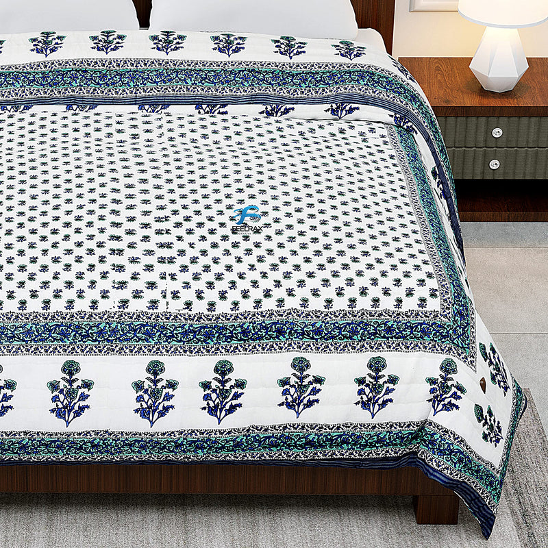 FEELRAX Jaipuri Razai Rajsthani Traditional Hand Stitched Blue Flower Printed Lightweight Pure Cotton Winter and Summer Jaipuri Ac Quilt Razai/Rajai/Blanket/Comforter (Single Bed, 60 X 90 INCHES)