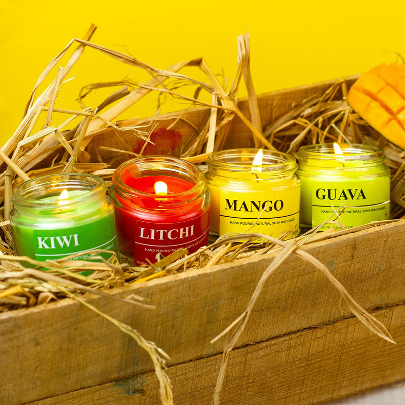 AuraDecor Fragrance Soy Wax Jar Candle || Summer Special || Fruity Fragrance || Soy Wax || Handpoured || Votive Candle || Burning Time 20 Hours Each || Mango, Litchi, Guava, Kiwi (Pack of 8)