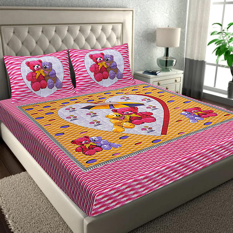 JAIPUR PRINTS Cotton Traditional Jaipuri Printed Double Bedsheet for Double Bed King Size with 2 Pillow Covers - Pink