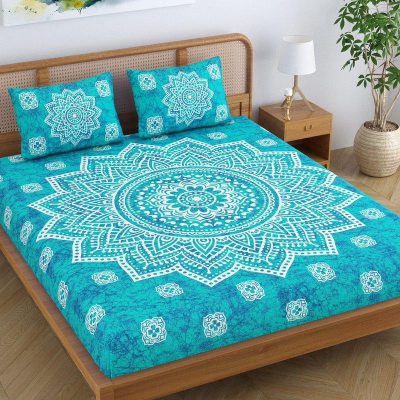 SheetKart Cotton Blend Traditional Mandala Jaipuri Printed Bedsheet for Double Bed King Size with 2 Pillow Covers - Sea Green