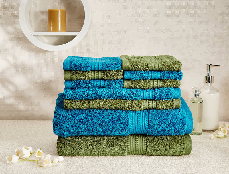 Amazon Brand - Solimo 100% Cotton 10 Piece Towel Set, 500 GSM (Olive Green and Turquoise Blue)