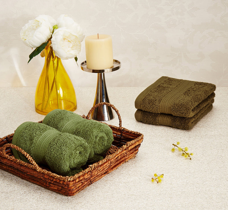 Amazon Brand - Solimo 100% Cotton 4 Piece Hand Towel Set, 500 GSM (Sepia Brown and Olive Green)