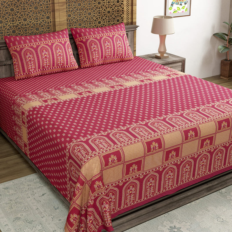 BLOCKS OF INDIA Hand Block Printed 200 TC Cotton Super King Size Bedsheet(106 x 106) (Discharge Pink 1)