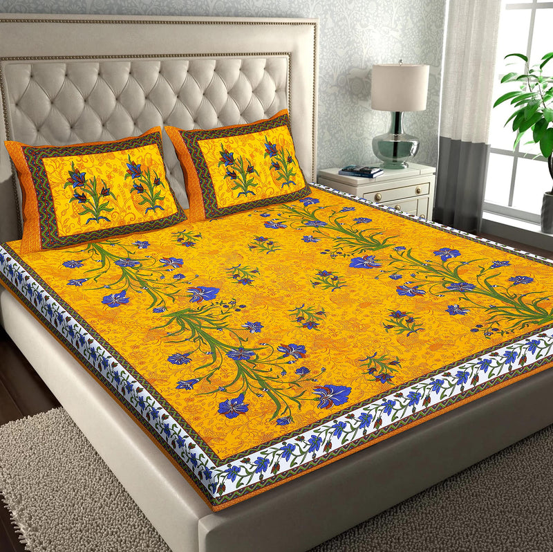 RajasthaniKart® Pure 100% Cotton Double Bed Sheet with 2 Pillow Covers (Bedsheet for Double Bed Cotton, Yellow Kashmirkalli Jaipuri, King Size,5167)