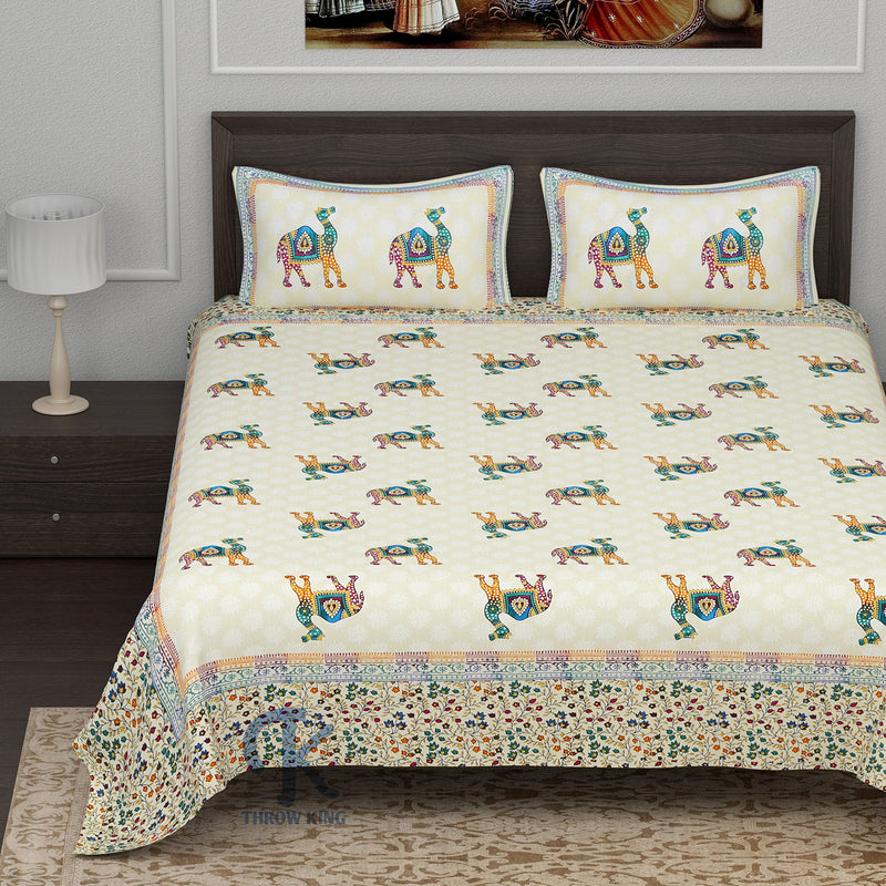 THROW KING Rajasthani Quilt for Double Bed 100% Pure Cotton | Camel Printed | Skin Friendly & Breathable Soft Cozy Double Blanket | 1 Double Bedsheet, with 2 Pillow Covers |