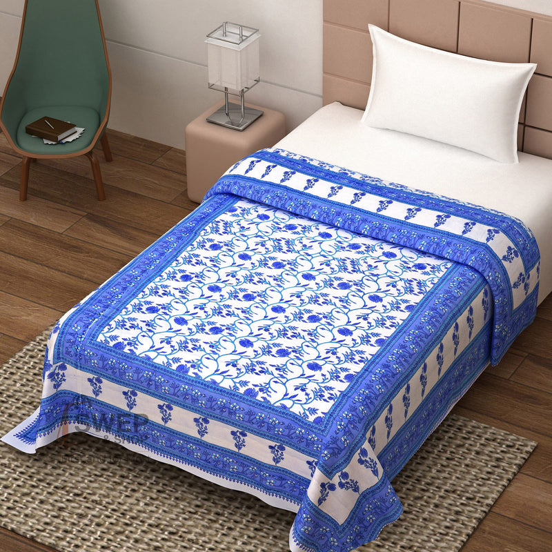 Namaste India World Famous Light Weight Cotton Reversible Floral Print Single Bed Razai (Blue and White)