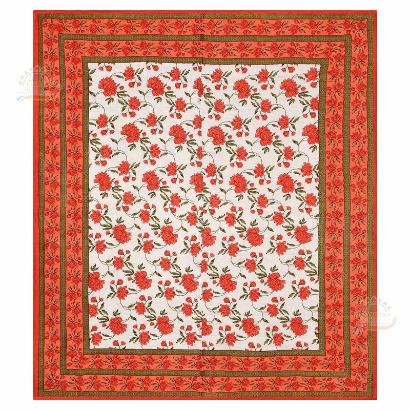 LOARSHY Pure Cotton Hand Floral Palm Printed Quilt | Lightweight and Warm Jaipuri Rajasthani Double Bed Razai | Soft Razai for Winters | Gift Item for Family and Friends (Orange, Pack of 1)