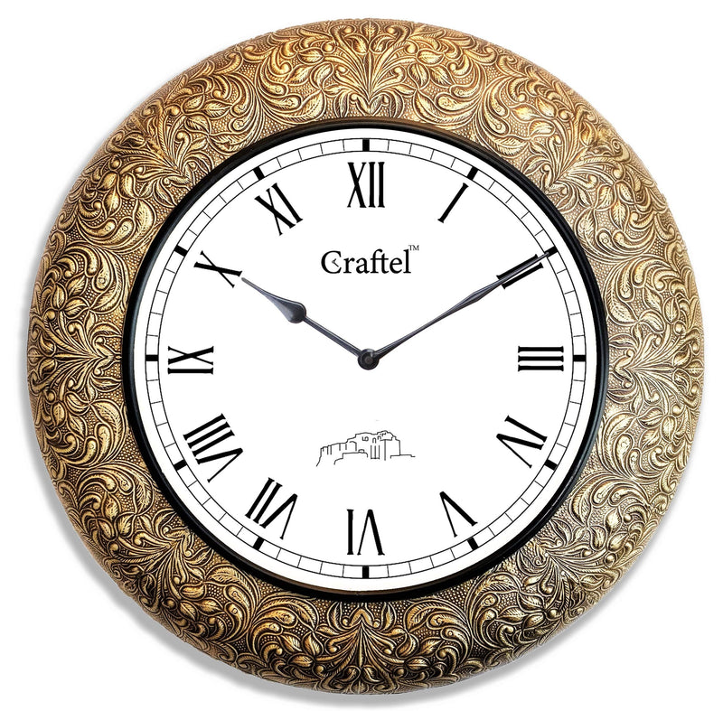 CRAFTEL Brass Embossed Roman Dial Clock Antique Desgin Wall Clock for Bedroom Living Room Home (Gold, 18 Inch X 18 Inch)