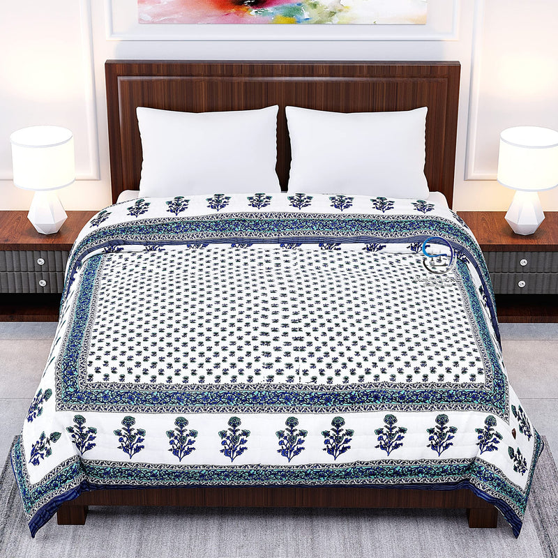 LushHavenDecor 210 TC Single Bed Jaipuri Cotton Bed Blanket Ac Quilt for Winter and Summer Soft Light Weight Rajasthani Traditional Cotton Comforter 85 x 55 inch Blue, Pack of 2