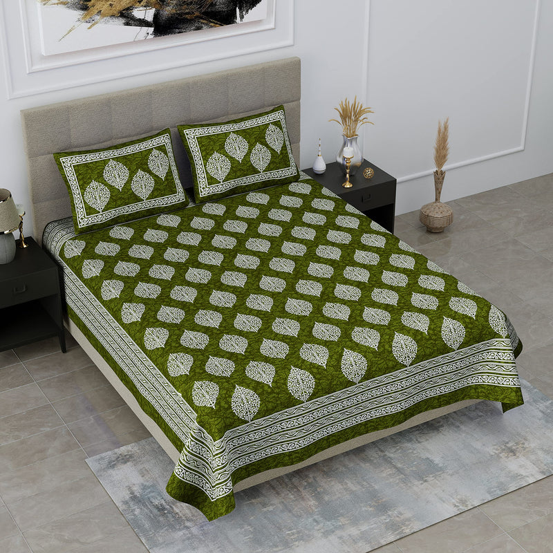 SheetKart Floral 144 TC Cotton Double Bedsheet with 2 Pillow Covers - Shamrock Green