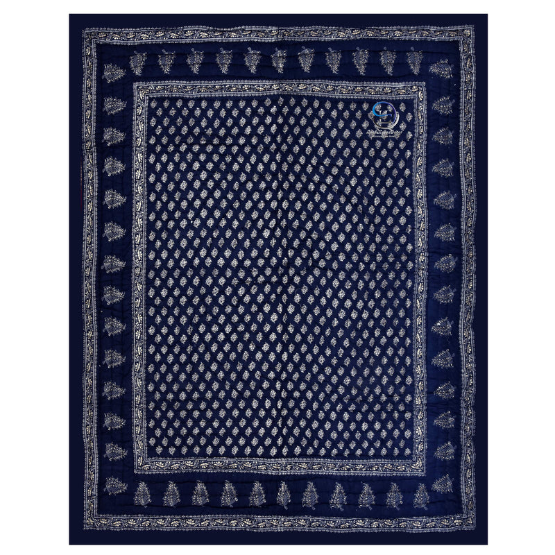 AUROSTYLE 400 TC Pure Organic Cotton Super Super Soft Jaipuri AC Quilt/Razai/Rajai Floral Print, Butti Design Printed Jaipuri Razai for Winter(Blue with Daie Gold Print, Double Bed)