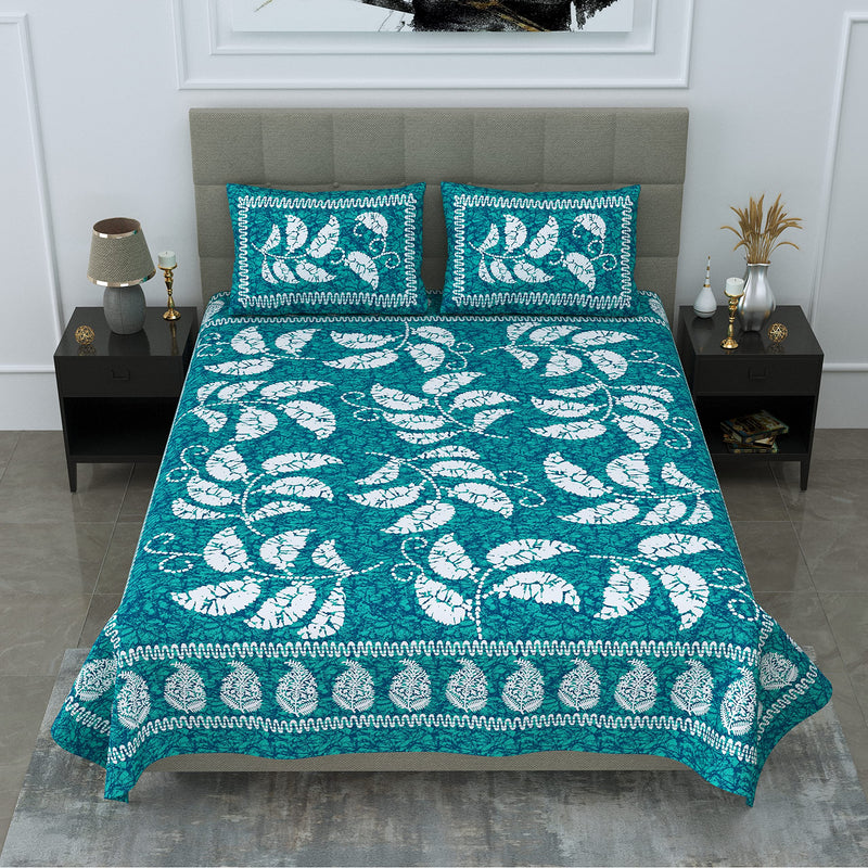 SheetKart 144 TC Cotton Jaipuri Floral Printed Double Bedsheet with 2 Pillow Covers, Sea Green