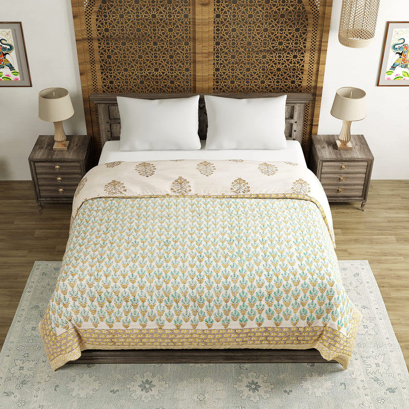 BLOCKS OF INDIA Hand Block Printed Cotton King Size Quilt/Rajai (90 Inch X 108 Inch, Brown Buta), Skin Friendly, 300 TC