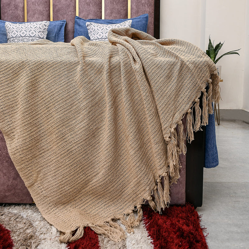 IQ INTERIOR QUOTIENT Serene Beige Throw Blanket for Sofa,Bed and Couch | 3 Seater | Sofa Throw 100% Cotton (150cm x 125cm) 50"x60" | Pack of 1 | Reversible