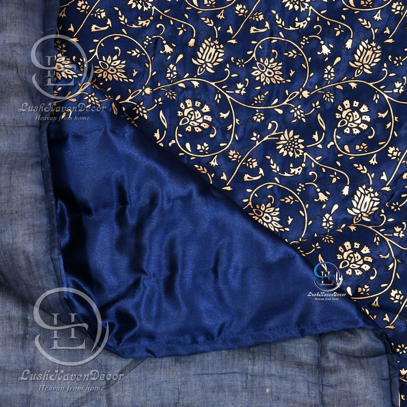 LushHavenDecor Rajasthani Traditional Cotton Light Weight Silk Double Bed Floral Print Design Soft Jaipuri AC Quilt with Gold Print (85X100 inch, Blue)