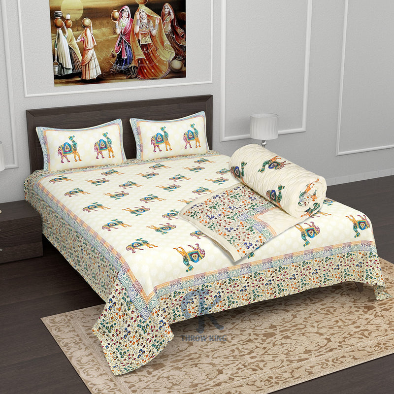 THROW KING Rajasthani Quilt for Double Bed 100% Pure Cotton | Camel Printed | Skin Friendly & Breathable Soft Cozy Double Blanket | 1 Double Bedsheet, with 2 Pillow Covers |