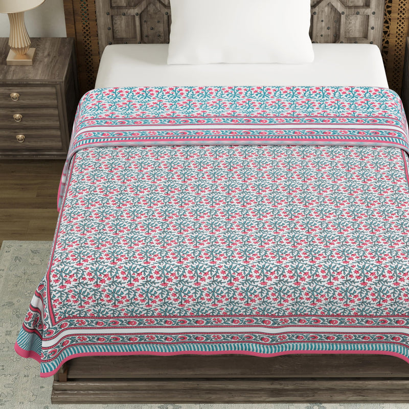 BLOCKS OF INDIA Hand Block Printed Cotton Single Size Reversible Malma Dohar For Summer (Turquoise Pink Jaal, 200 Tc)