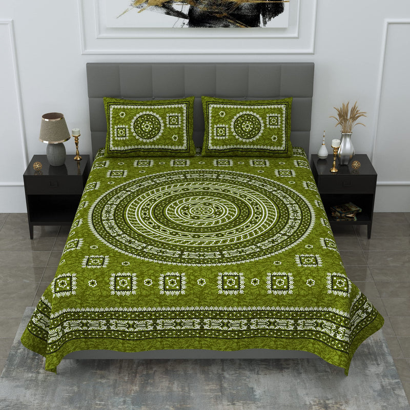 SheetKart Mandala Floral Print 144 TC Cotton Double Bedsheet with Pillow Covers - Green